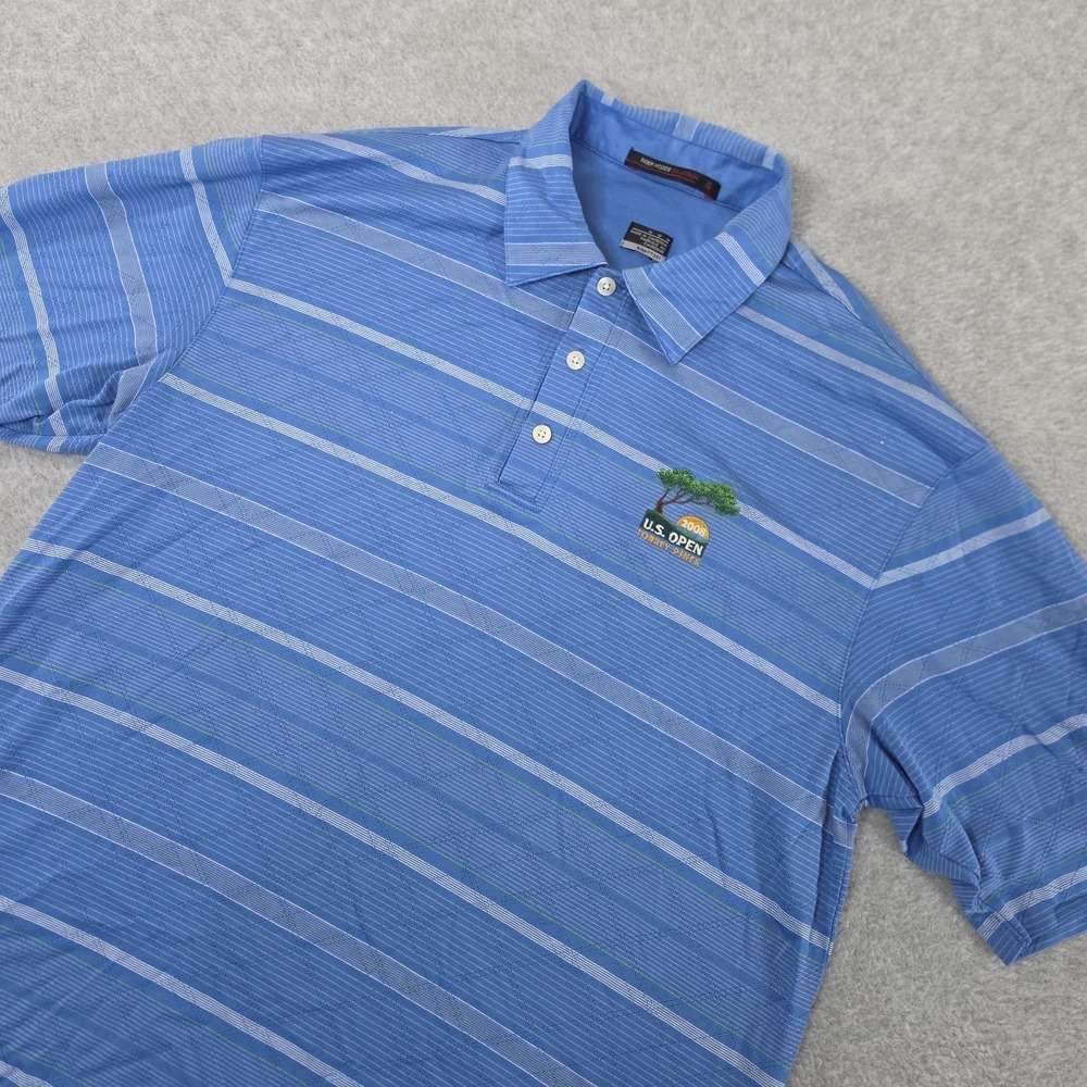 Nike Tiger Woods Polo Shirt Mens Medium Blue Striped 2008 US Open Dri Fit Golf